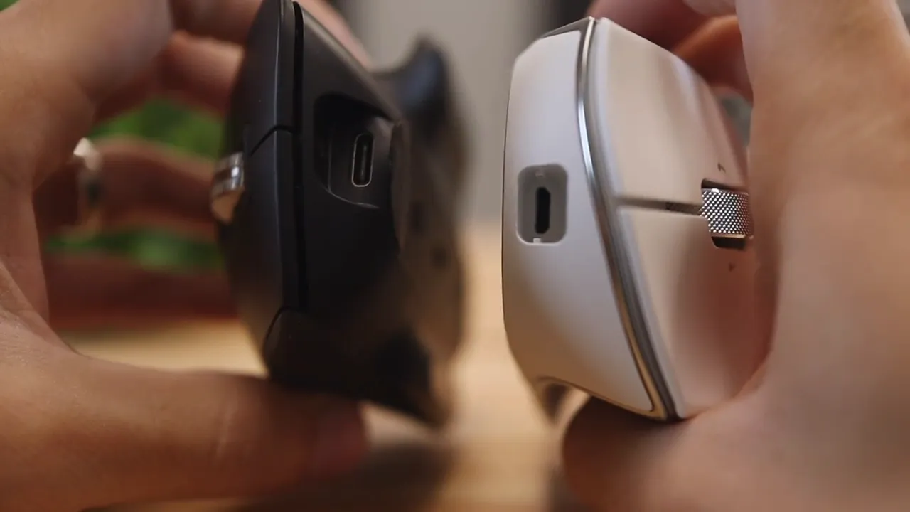 Close-up of charging ports on both mice showing micro-USB on Razer and USB-C on Logitech