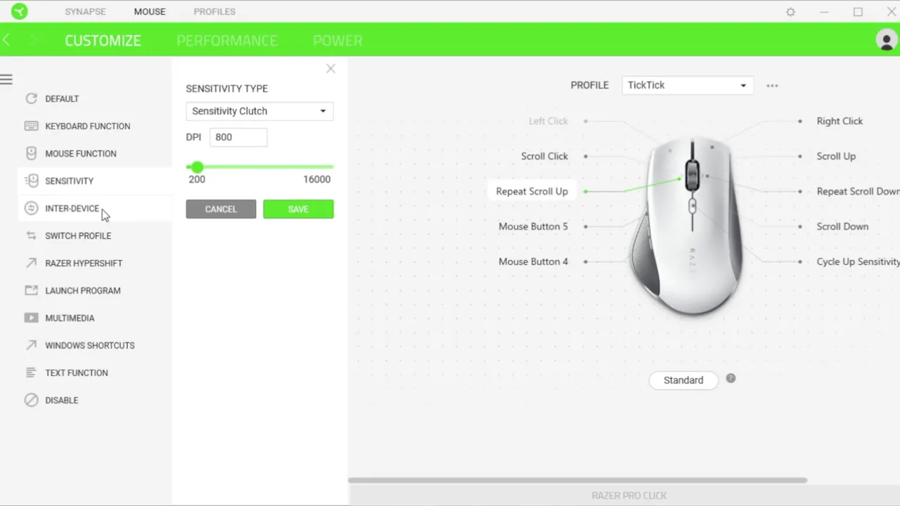 Razer mouse software interface showing device settings and button customization menu