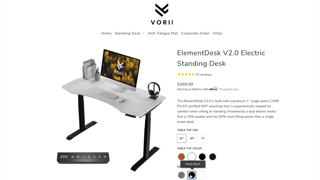 VORII ElementDesk product page screenshot showing a white tabletop with black legs and the ergonomic front cutout