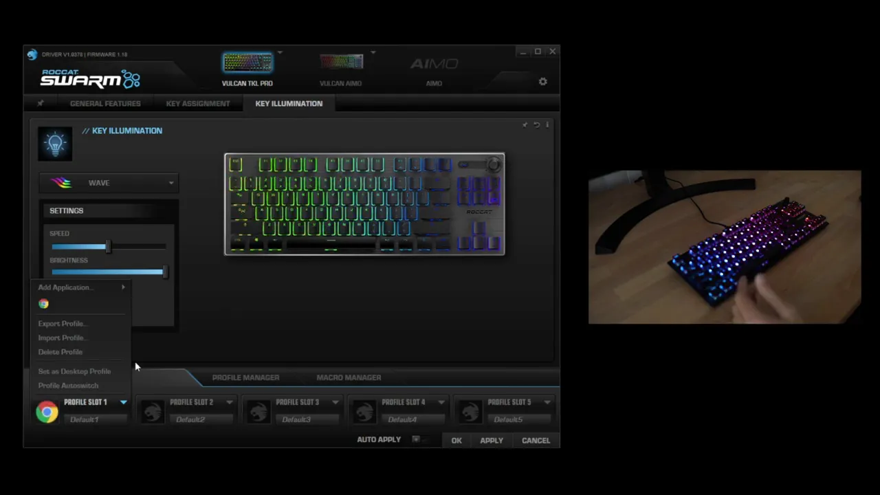 Roccat Swarm profile slot controls with Vulcan TKL Pro RGB lighting preview