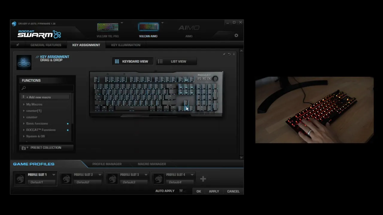 Roccat Swarm software showing the macro manager interface on Vulcan TKL Pro