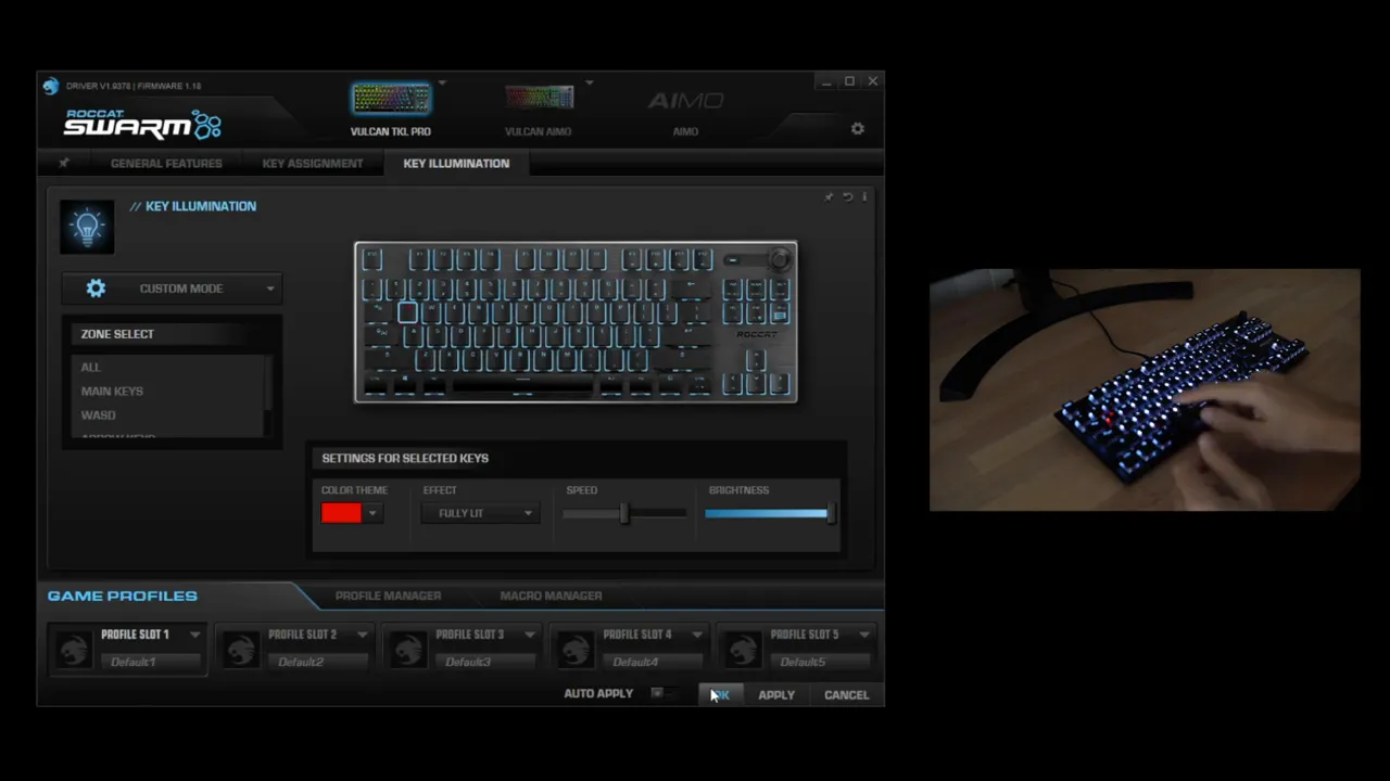 ROCCAT Swarm Key Illumination custom mode showing selected keys and real-time brightness and speed settings