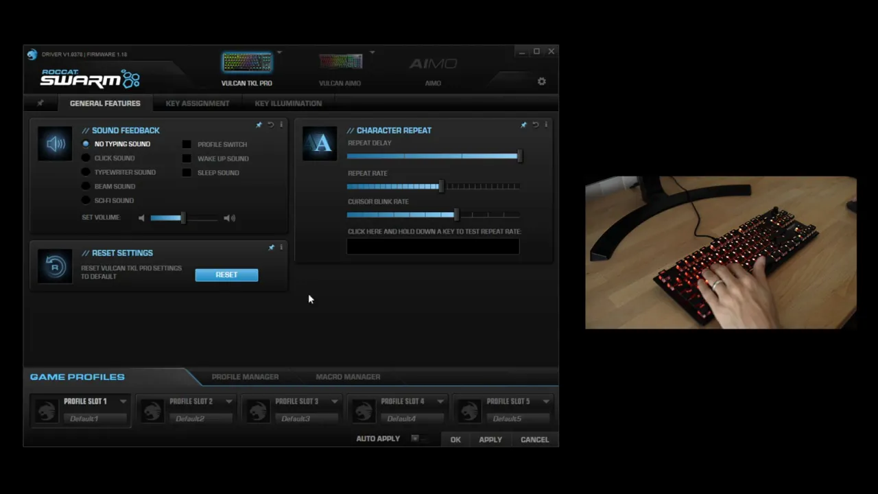 Roccat Swarm software General Features screen showing sound feedback and character repeat settings on Roccat Vulcan TKL Pro