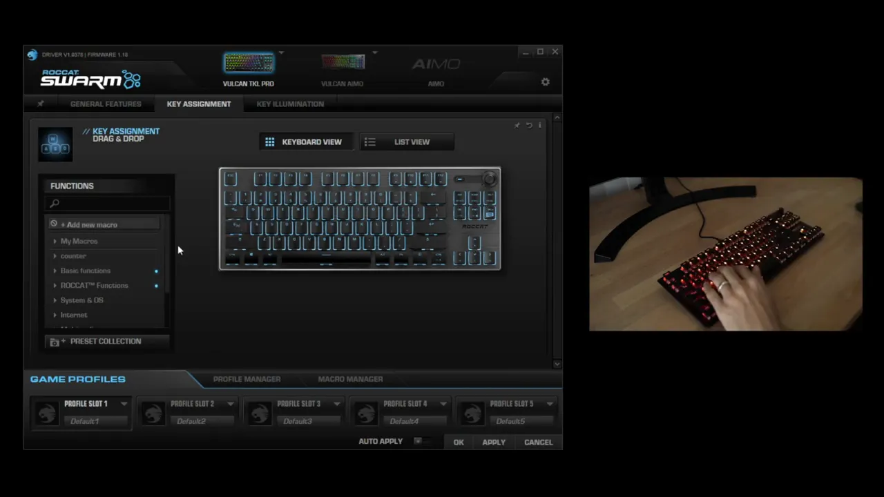 Roccat Swarm software key assignment screen showing macro options and keyboard view