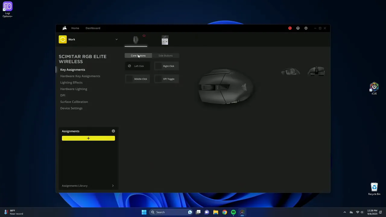 Corsair iCUE software showing key assignment and core buttons