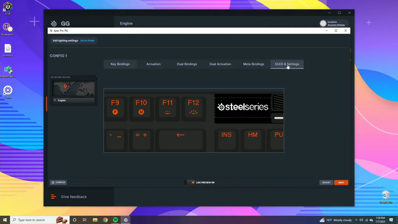 SteelSeries Engine software window on PC with the OLED & Settings tab open and an OLED preview showing the SteelSeries logo.