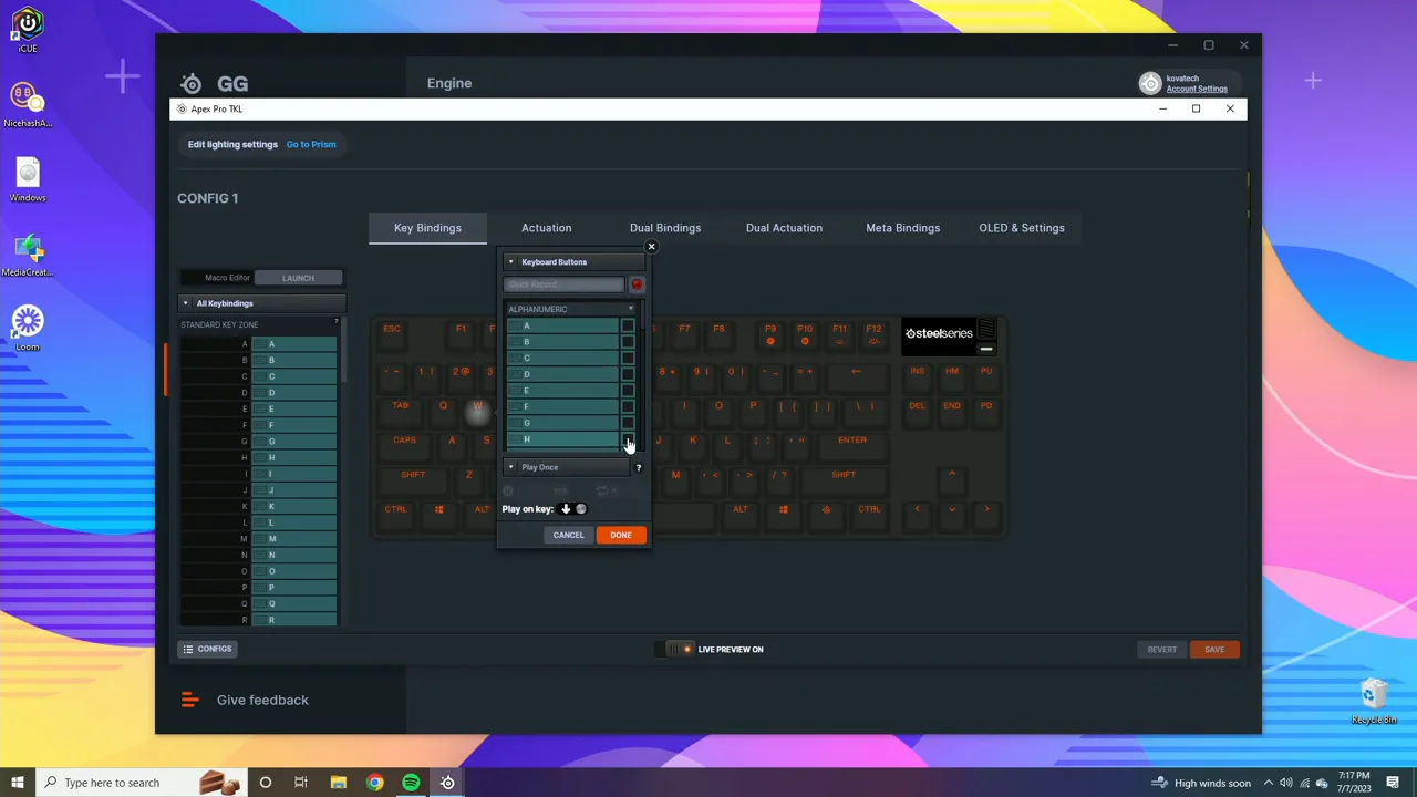 SteelSeries Engine binding dialog showing alphanumeric options over the virtual Apex Pro TKL keyboard