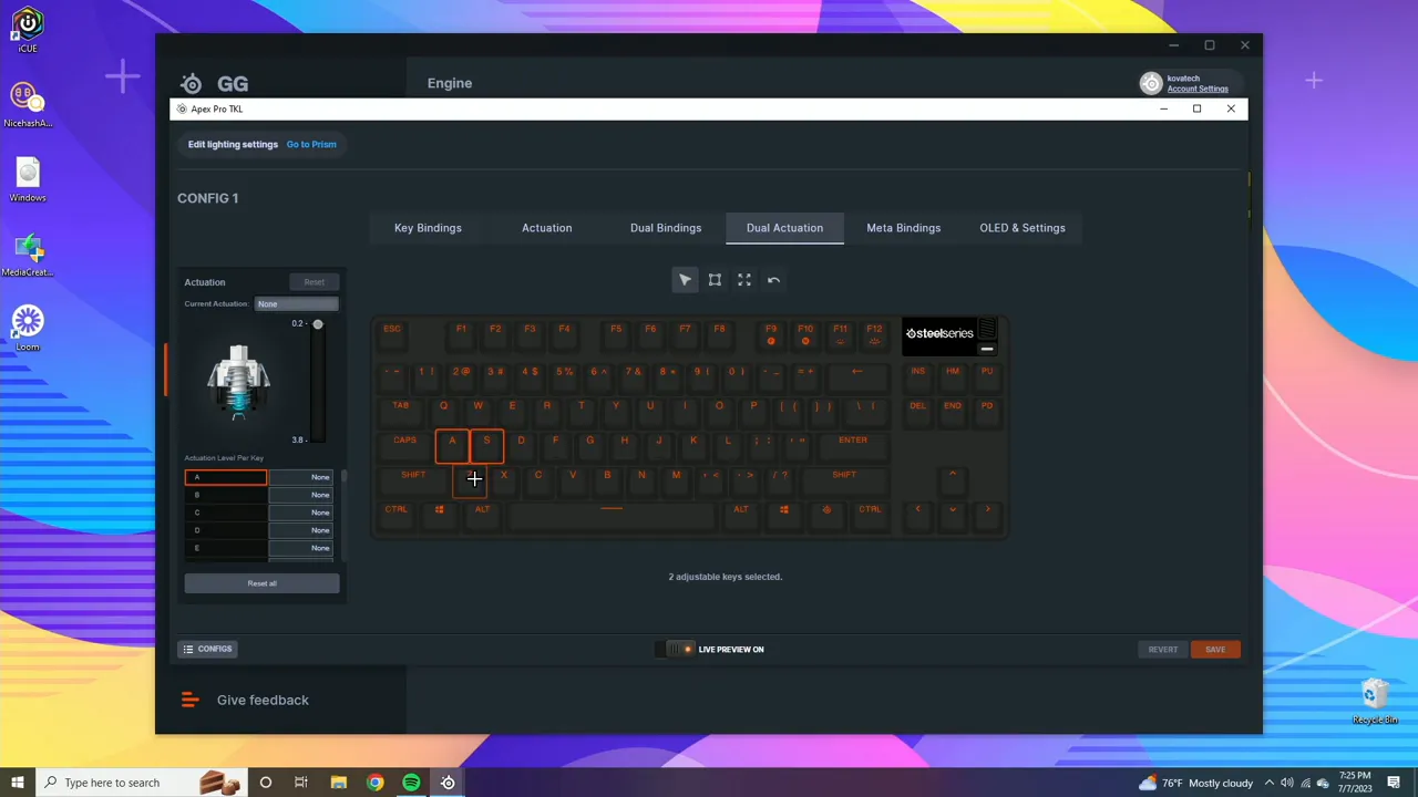 SteelSeries GG Engine Dual Actuation tab with two keys highlighted on the virtual keyboard and the actuation slider and per-key values visible.