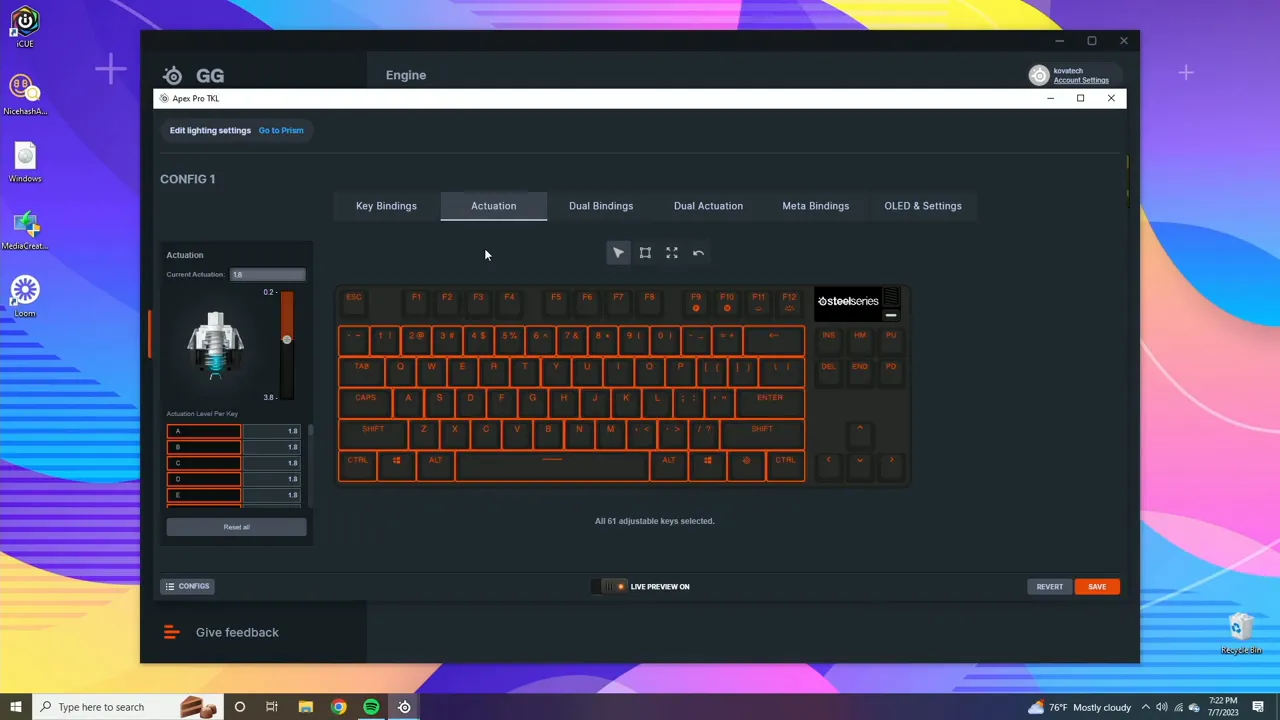 SteelSeries GG Engine Actuation tab showing the actuation slider, per-key actuation list and a virtual Apex Pro TKL keyboard preview