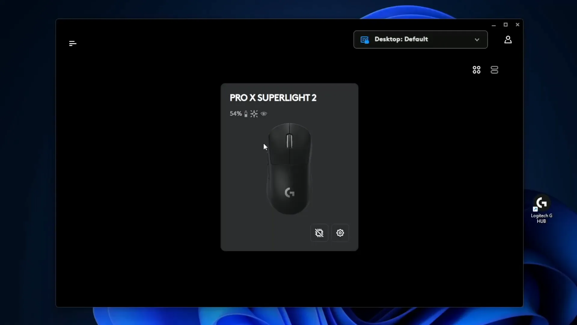 Main screen of G Hub showing mouse specs