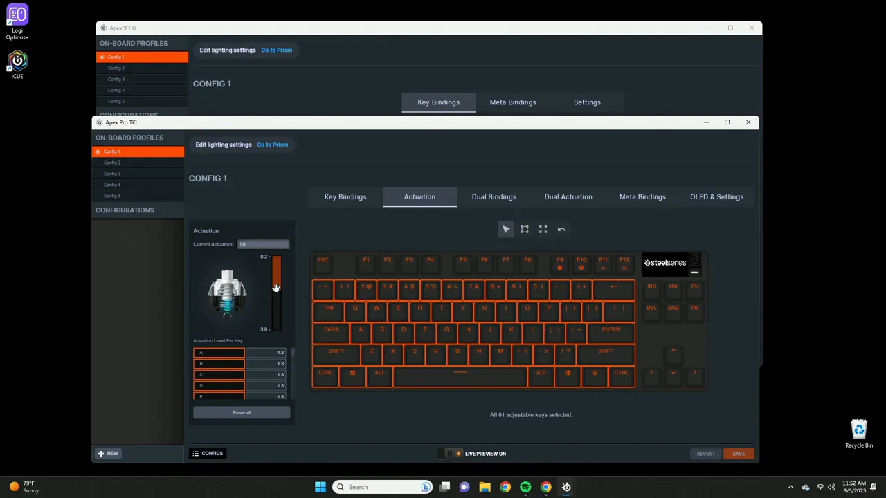 Software screen showing actuation levels settings