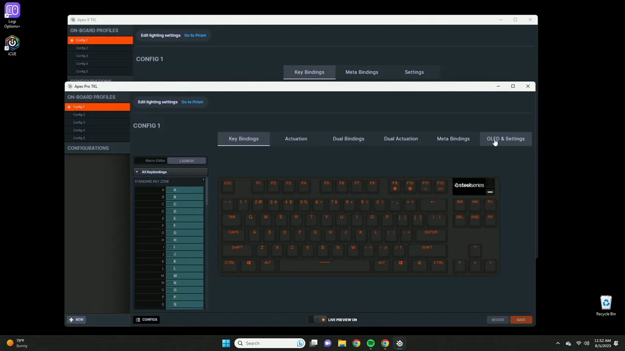 Software interface showing key bindings and settings