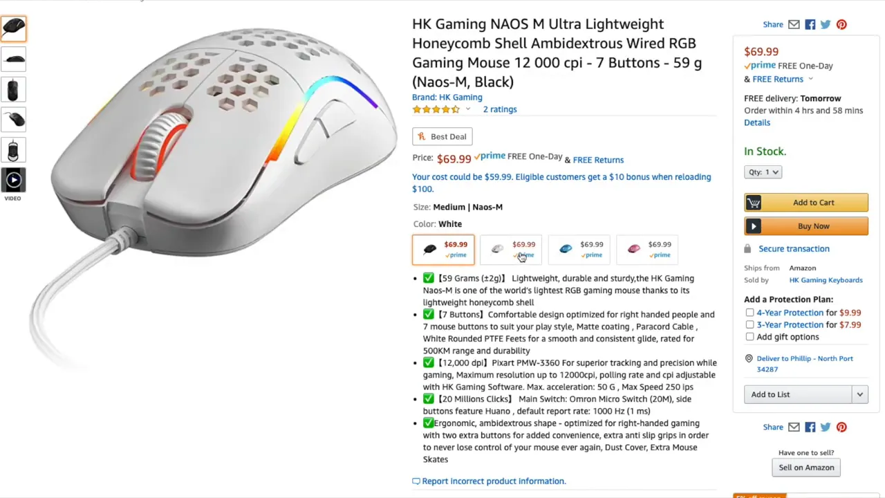 Amazon product page showing the blue HK Gaming Naos M mouse