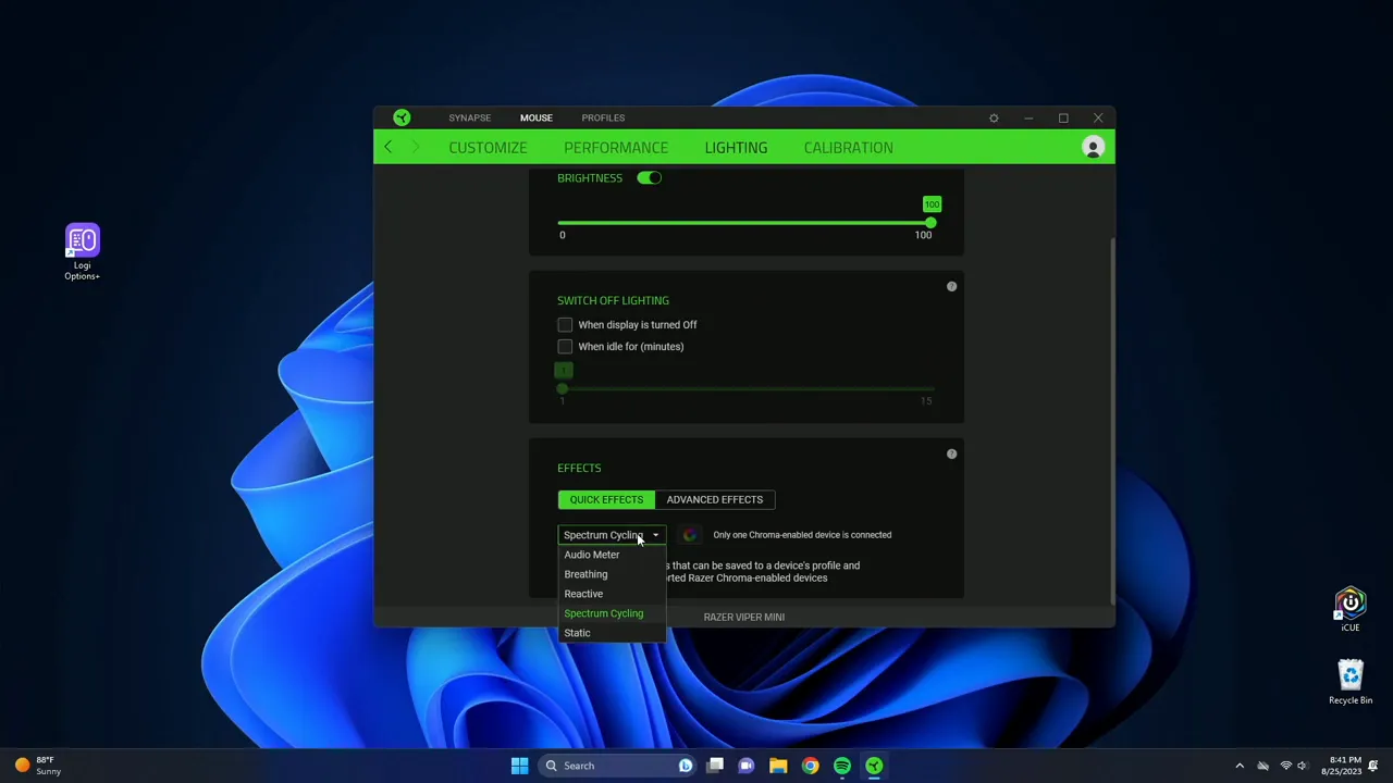 Spectrum Lighting setup in Synapse transitioning from green to blue