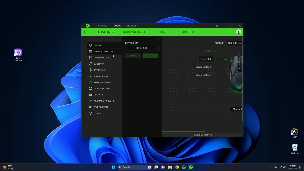 Razer Synapse software showing button customization menu