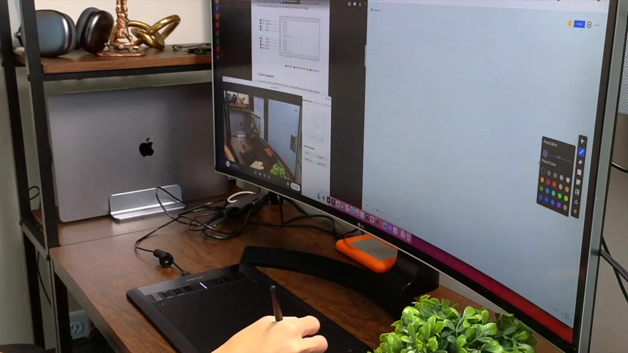 Clear screenshot of NEARHUB web canvas on a monitor with the floating toolbar and color palette visible