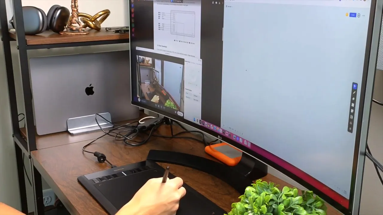Blank NEARHUB web canvas on a monitor with right-hand toolbar visible, stylus and drawing tablet on desk in foreground