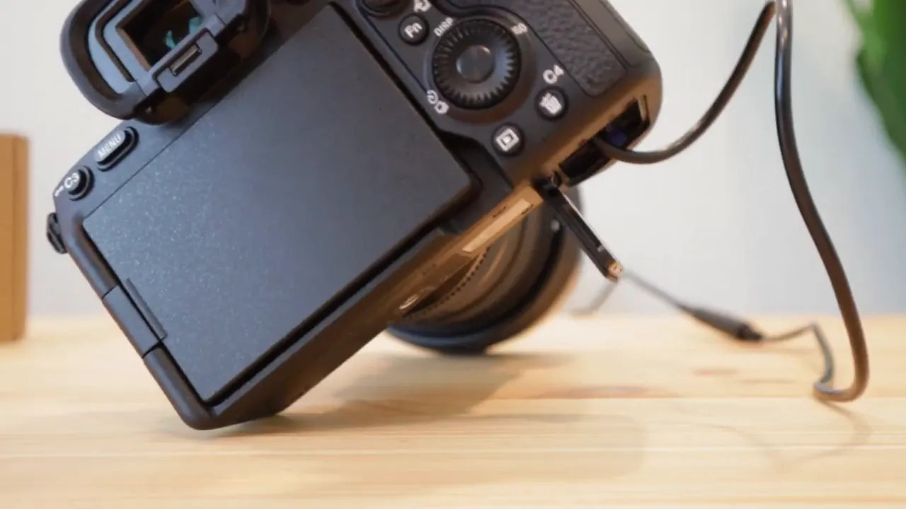 Close-up of Sony A7IV battery compartment with dummy battery cable protruding, preventing the battery door from closing