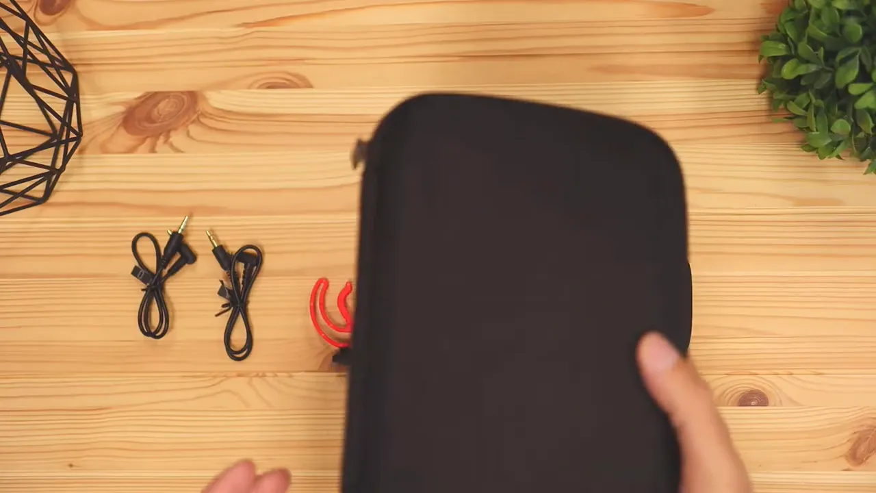 Black hard shell carrying case with two audio cables on a wooden table