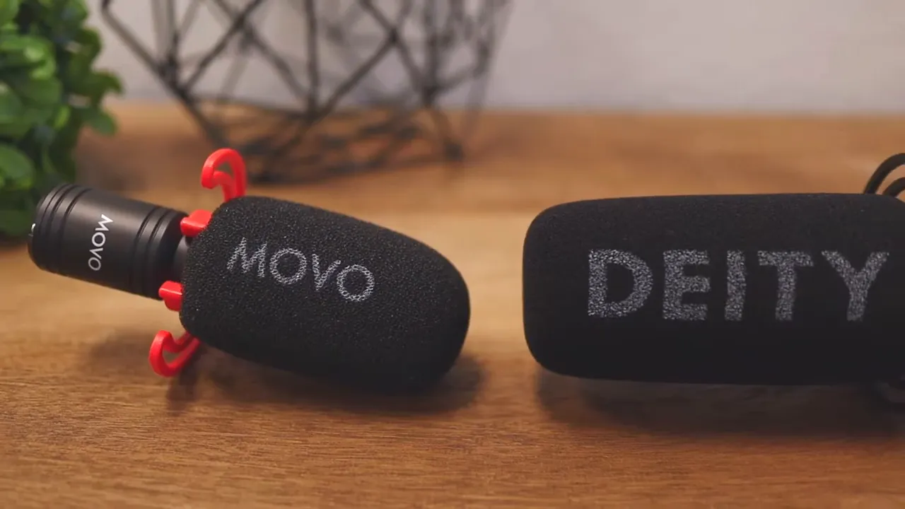 Movo and Deity microphones placed side by side on a wooden table