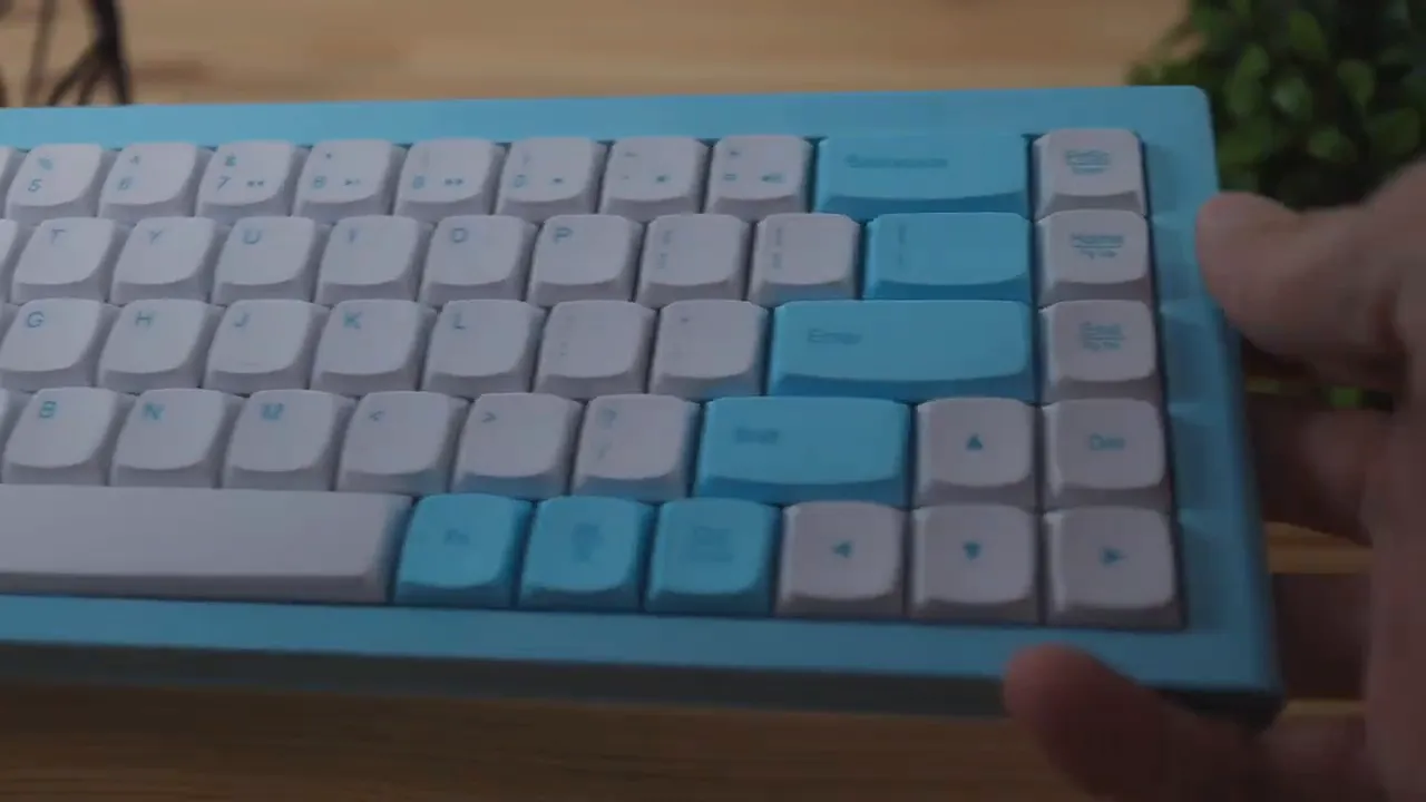 Morgrie RKB 68 keyboard close-up showing compact 68-key layout with blue accents