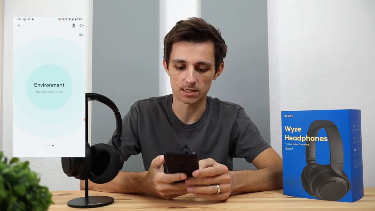 Wyze app showing Environment transparency mode for Wyze active noise canceling headphones