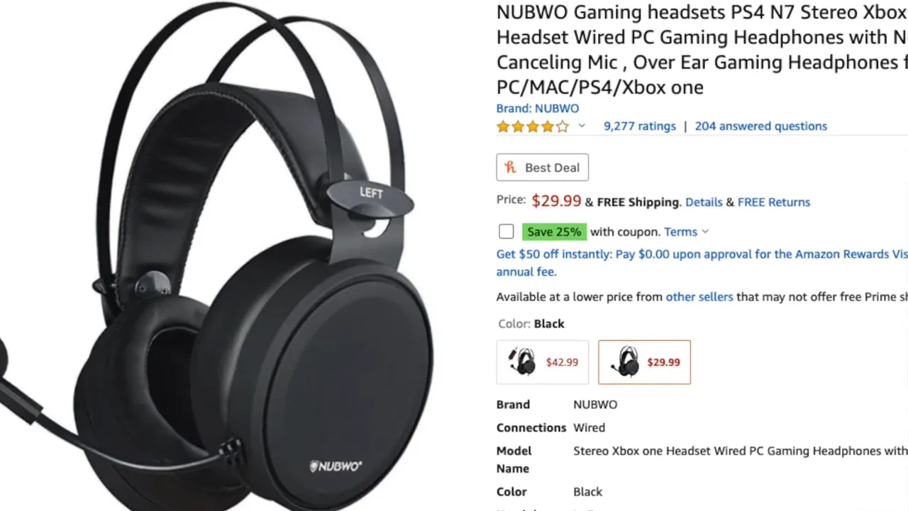 Amazon product page showing the Nubwo N7 headset image, title, rating, and price