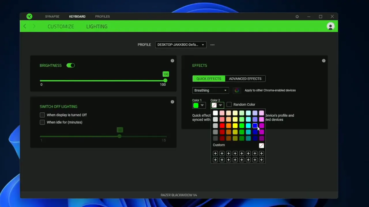 Keyboard showing breathing effect from green to blue