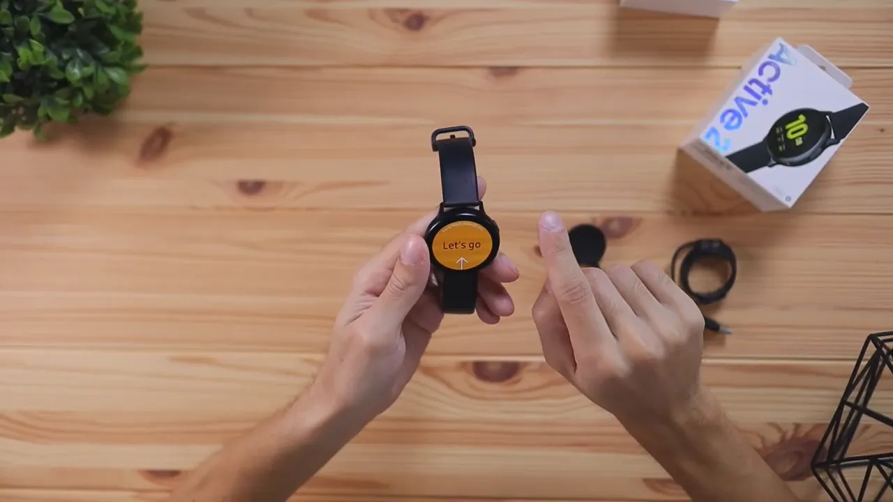 Samsung Galaxy Watch Active 2 with “Let’s go” screen during initial setup