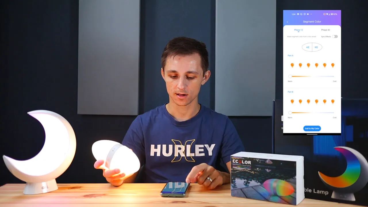 ECOLOR Life app segmented color editor on the right with reviewer holding the Egg lamp and Moon lamp on the desk