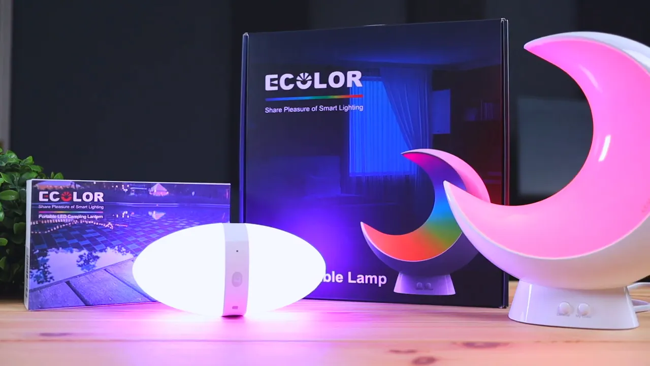 Ecolor Moon lamp and Egg lamp on a wooden table with packaging, both lit