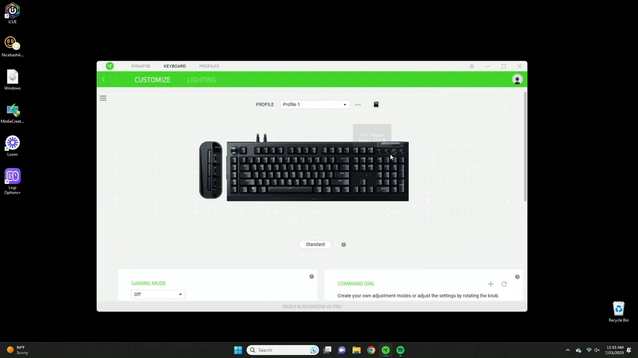 Razer Synapse main menu for BlackWidow V4 Pro
