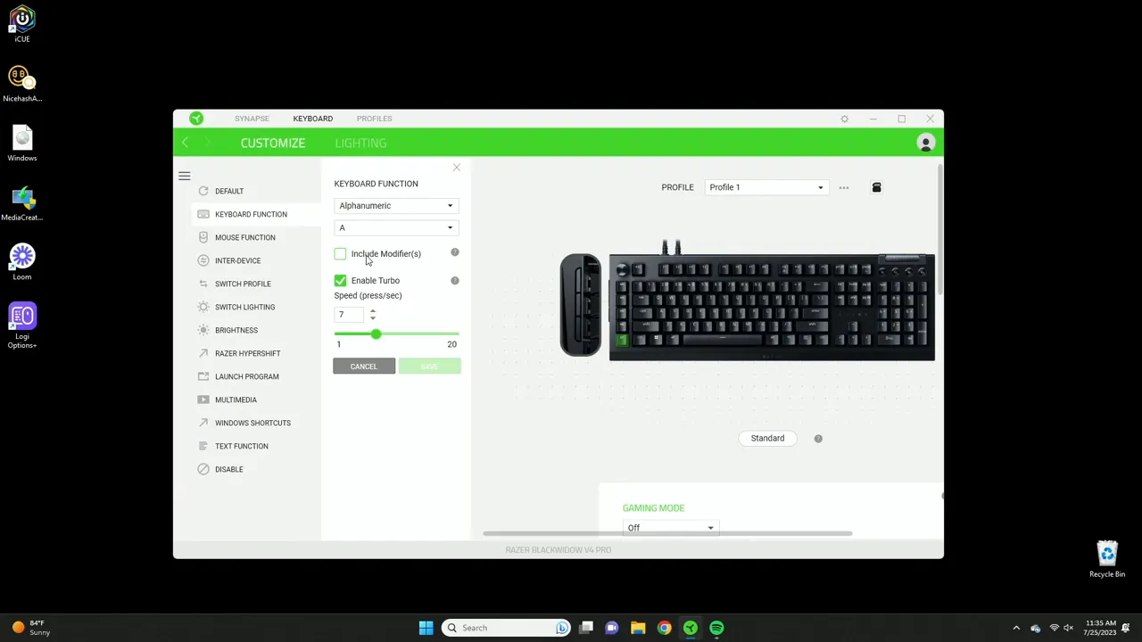 Turbo mode setting showing repeated keypress count