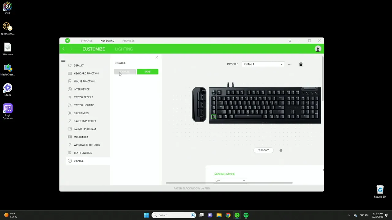 Macro configuration page showing disabled macro and function list