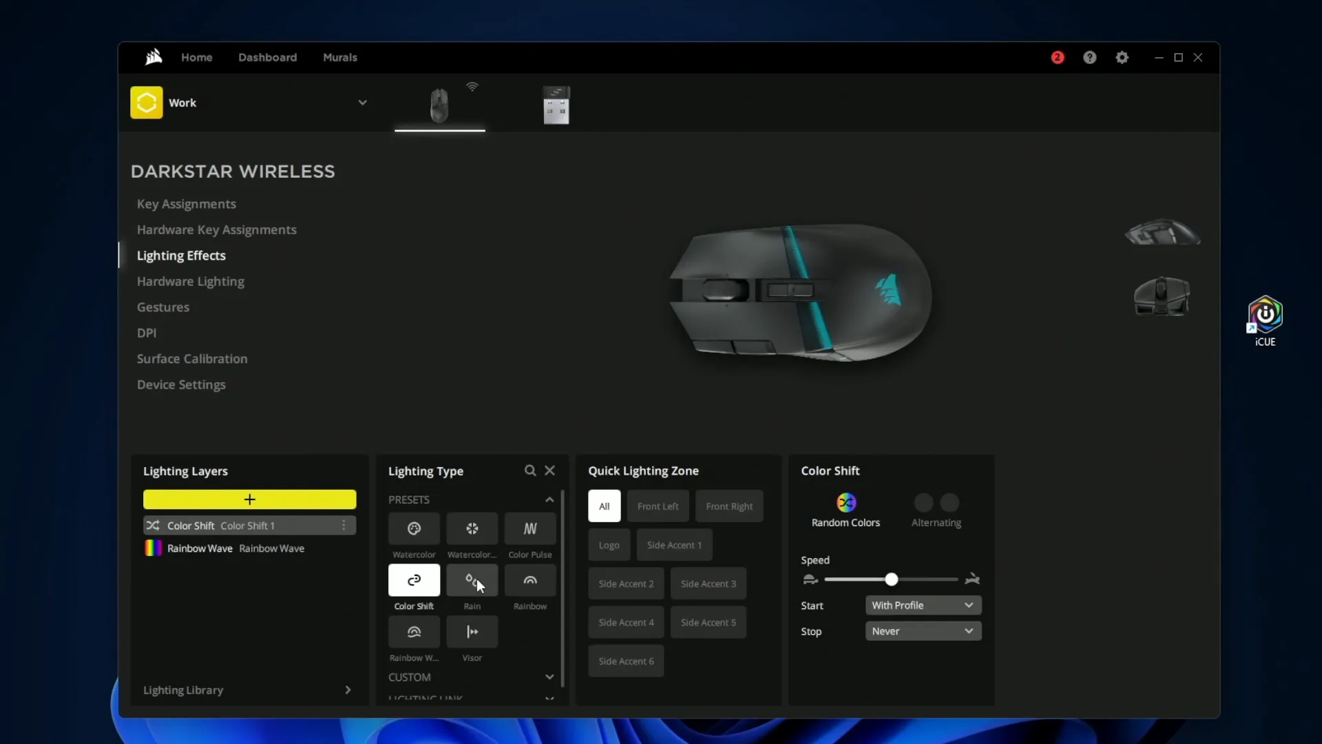 Light customization in Corsair iCUE software