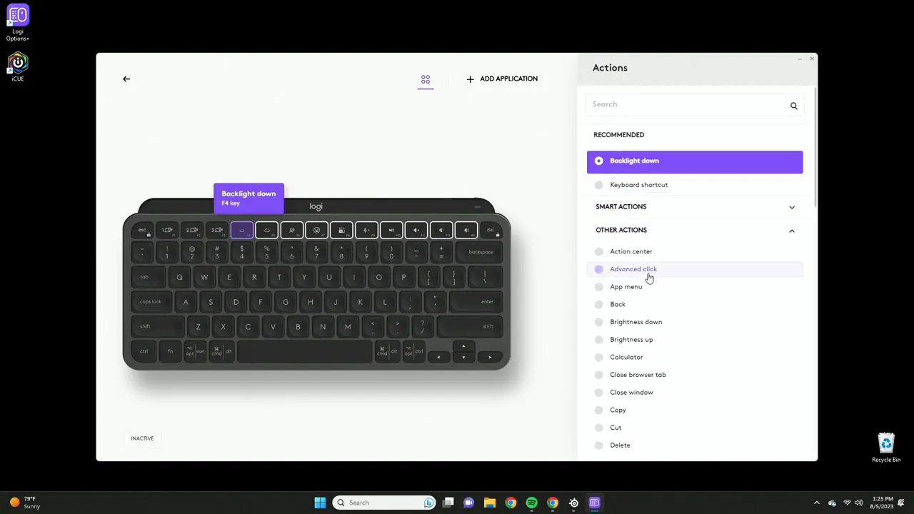 Software screenshot showing customizable keys and actions