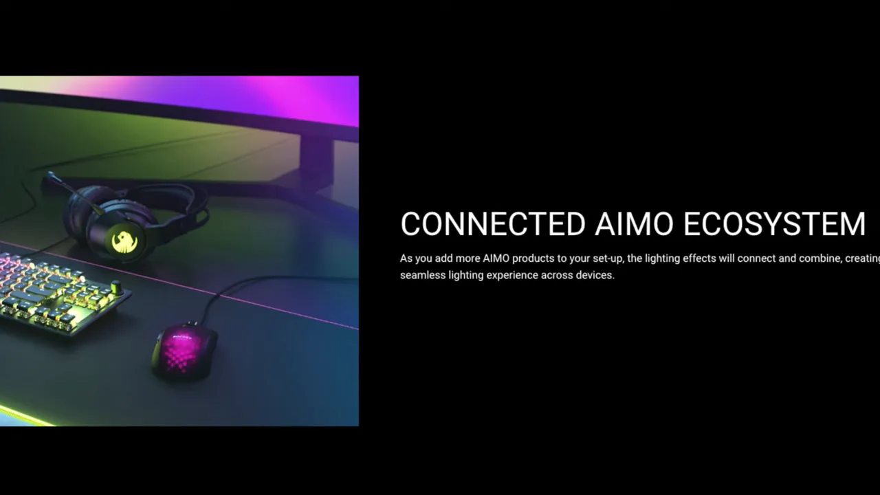 Clear promotional image reading 'CONNECTED AIMO ECOSYSTEM' with keyboard, mouse and headset on a lit desk