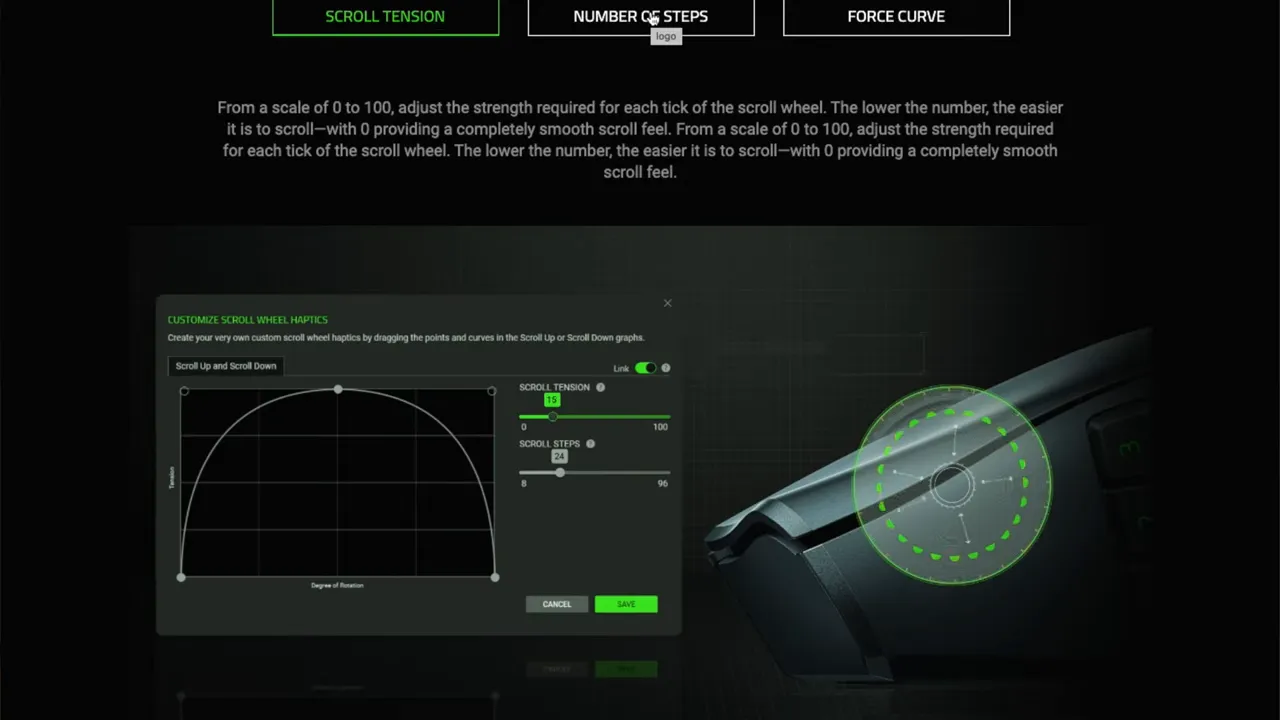 Razer customization screen for scroll wheel haptics showing scroll tension slider and wheel overlay