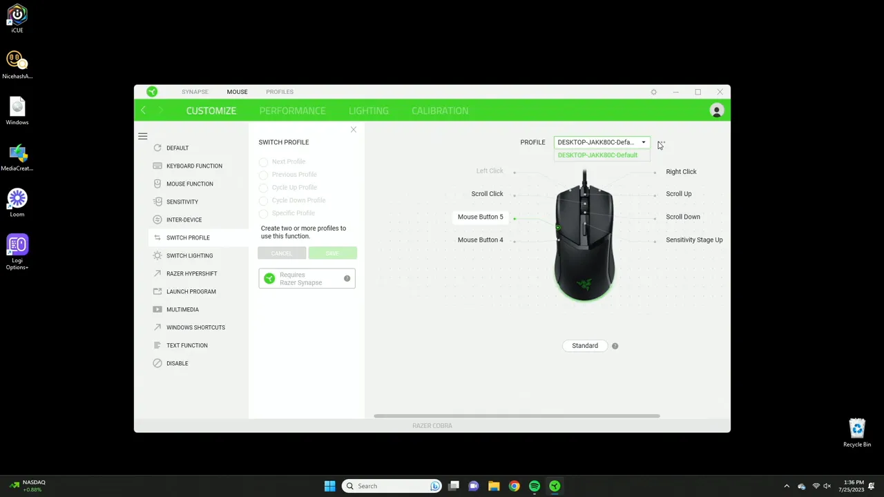Profile selection and switching options in Synapse