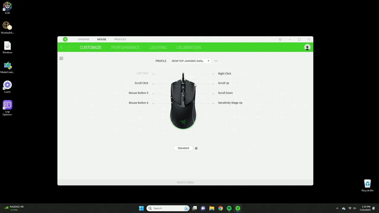 Razer Synapse dashboard showing mouse button mapping
