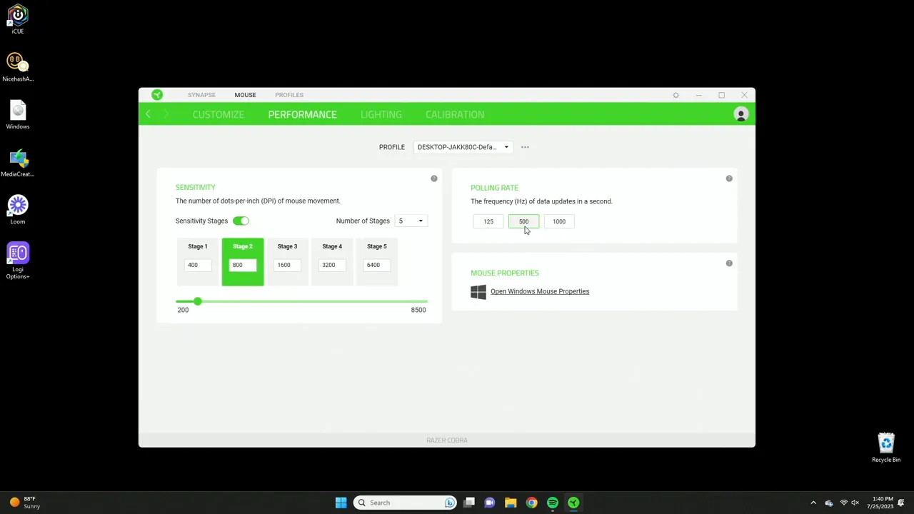 Polling rate setting with 1000 Hz recommended