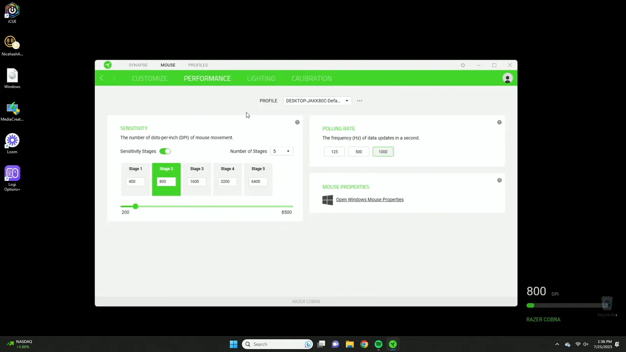 Performance tab showing DPI stages and the on-the-fly switch