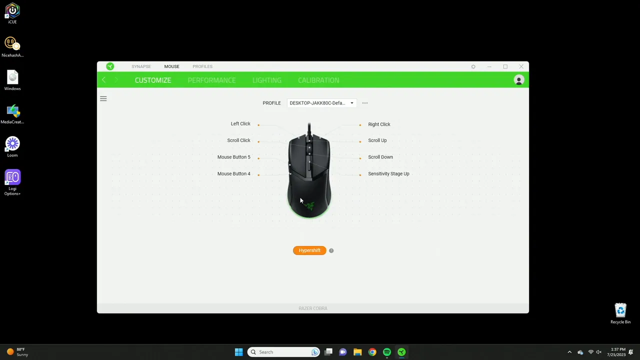 Hypershift options showing alternate button mappings