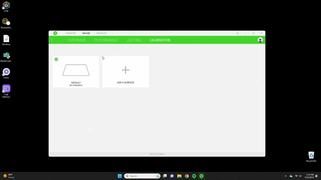 Calibration tab showing mouse pad selection