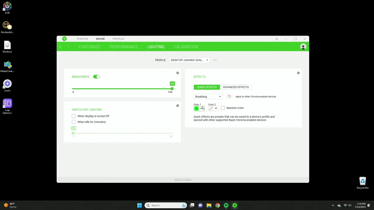 Lighting options in Synapse with static color and breathing mode