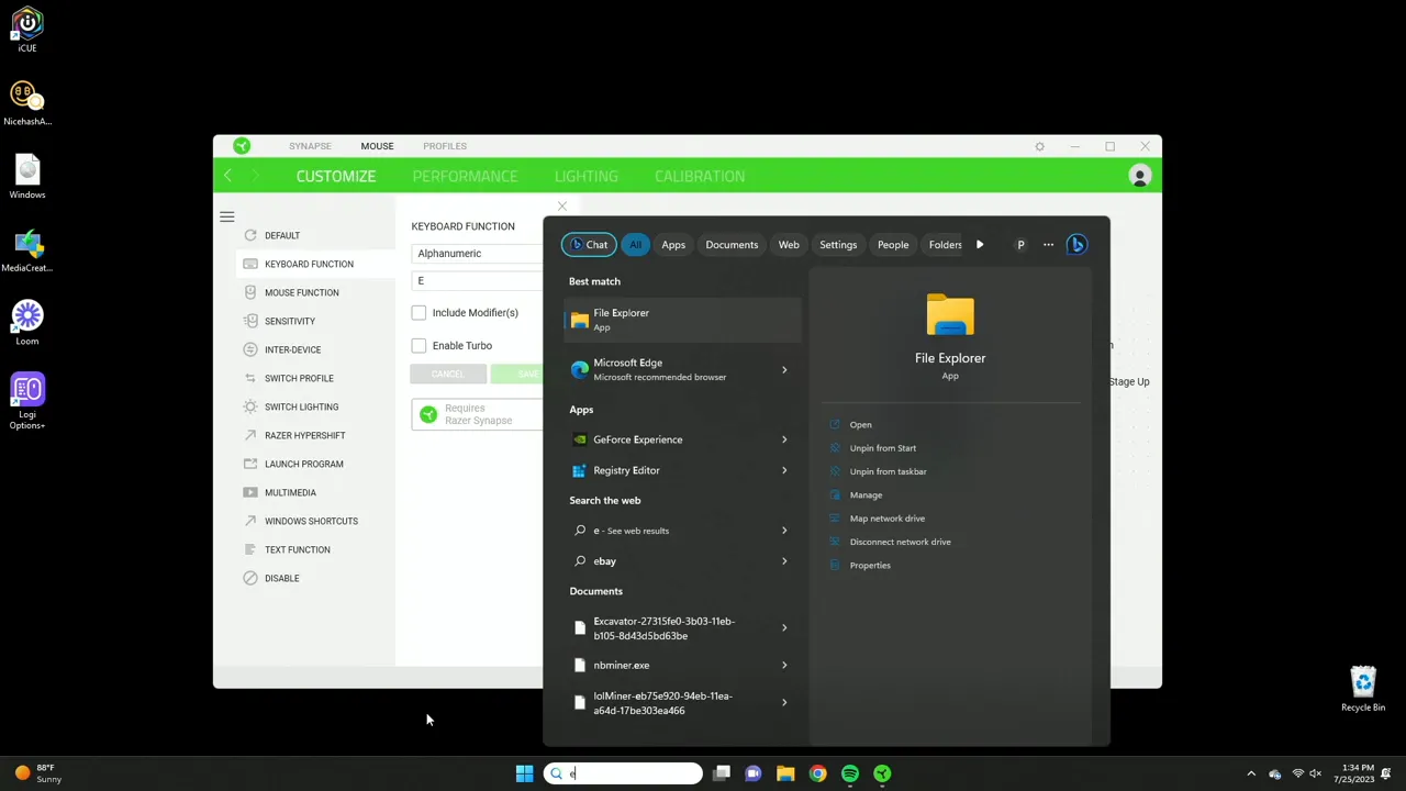 Key recording demo showing the letter E assigned to a mouse button