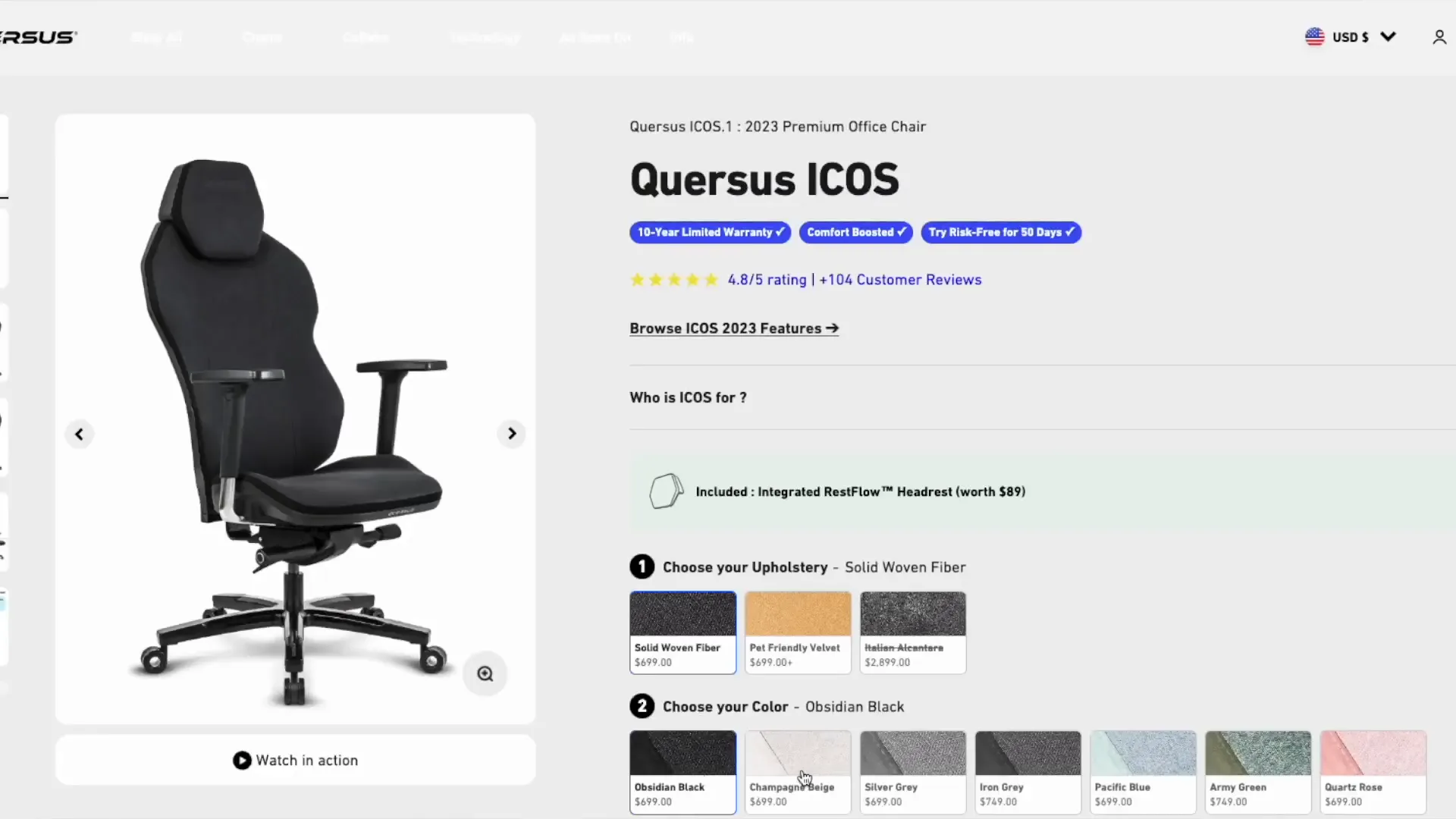 Fabric color options for the Quersus ICOS Chair