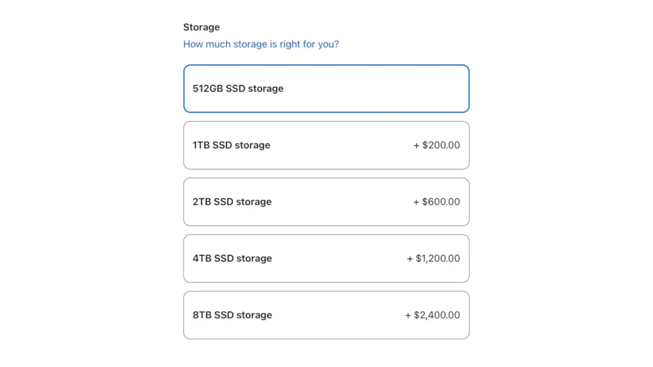 Comparison of Mac Studio internal storage upgrade price