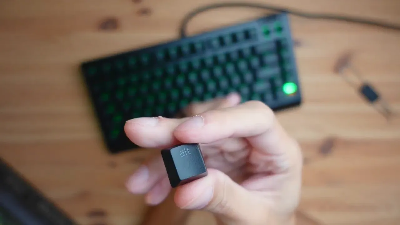 Closeup of double-shot PBT keycap showing texture and translucent legend