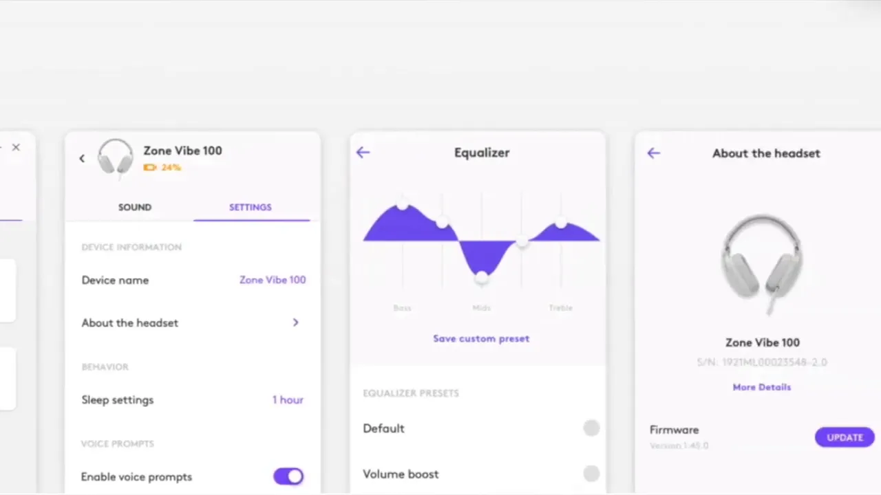 Logi Tune software screen showing equalizer and mic options